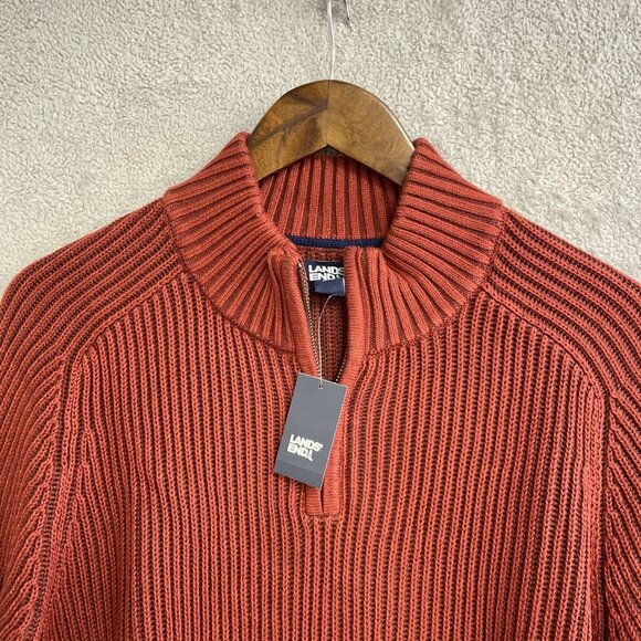 NEW Lands' End Drifter Men's L 1/4 Zip Sweater Rust Red 100% Cotton - Picture 10 of 11